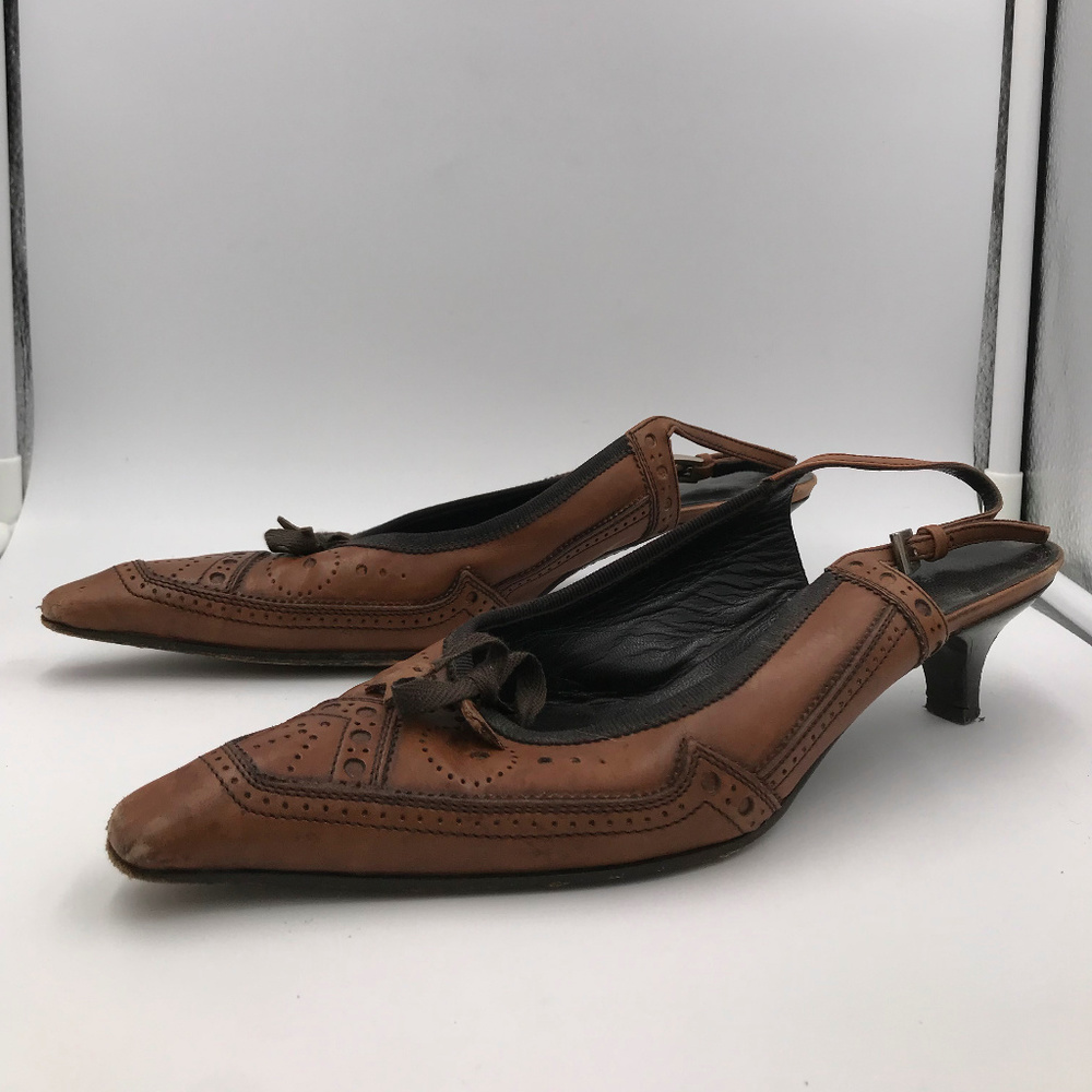 VTG Prada Point Toe Wingtip Slingback Heeled Mule